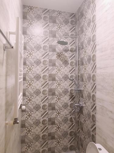 a bathroom with a shower with a tiled wall at Hotel Classic in Tbilisi City
