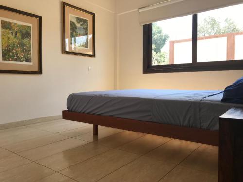 a bedroom with a bed and two windows at Mystra Place in Nicosia