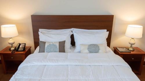 a bedroom with a white bed with two lamps at Hotel Kierion in Kardítsa