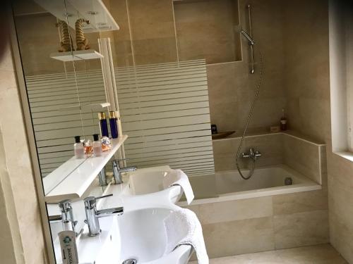 een badkamer met een wastafel, een douche en een bad bij 2 Boulevard de Nancy in Straatsburg
