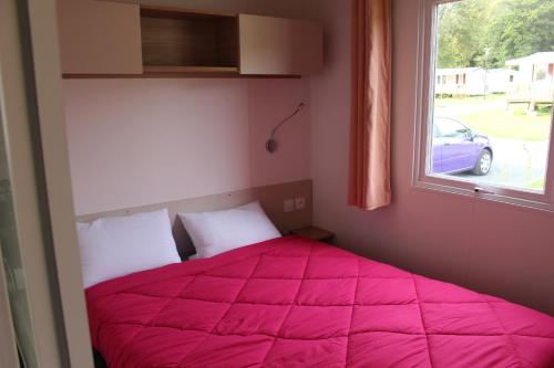 LitteauにあるMobil home 430のベッドルーム1室(ピンクベッド1台、窓付)