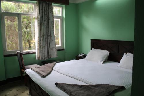 a green bedroom with a bed and two windows at Mount Annapurna Guest House in Kathmandu