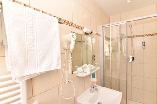 a bathroom with a shower and a sink at Hotel Römerhof in Baden-Baden