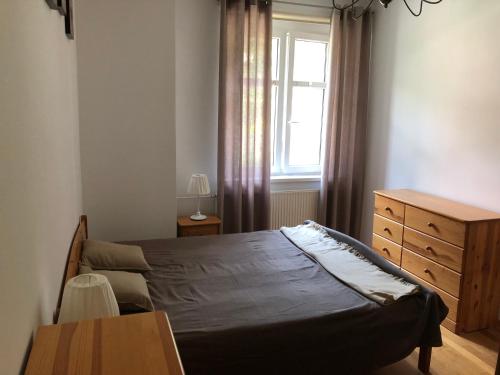 シュクラルスカ・ポレンバにあるAzyl w Szklarskiej Porębieのベッドルーム1室(ベッド1台、ドレッサー、窓付)