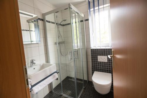 a bathroom with a shower and a toilet and a sink at Pension "Am Brunnen" in Parchim