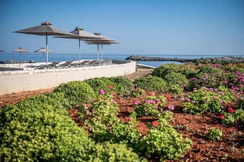 a garden with flowers and umbrellas on the beach at Kavos Hotel & Suites in Stavros