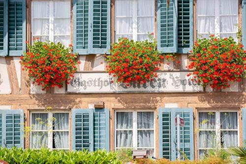 a building with blue shuttered windows with red flowers at Landgasthof Bären in Madiswil