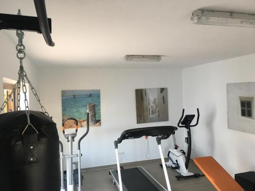 a gym with treadmills and exercise bikes in a room at Can Gat in Sant Carles de Peralta