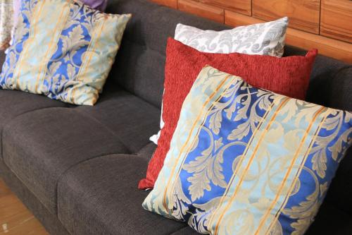 a couch with three pillows on top of it at Bellbird in Aso