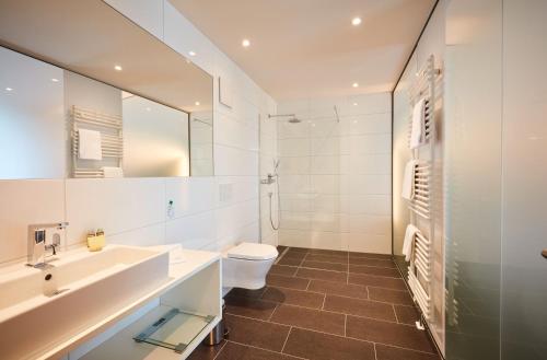 a bathroom with a sink and a toilet and a mirror at Vital Hotel an der Therme GmbH in Bad Windsheim