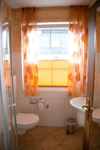 a bathroom with a toilet and a sink and a window at Zur alten Quelle in Drolshagen