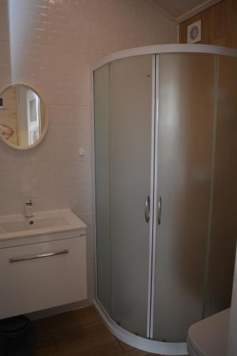 uma casa de banho com um chuveiro, um WC e um espelho. em RÓŻANY ZAKĄTEK em Zełwągi