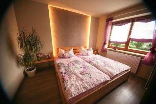 a bedroom with a bed and a plant and a window at Ferienwohnung Estel in Bärenstein