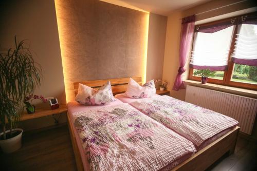 a bedroom with a bed with pillows and a window at Ferienwohnung Estel in Bärenstein