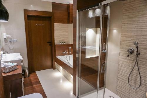 a bathroom with a shower and a sink at AGA Tenis Apartments by Radwańska in Krakow