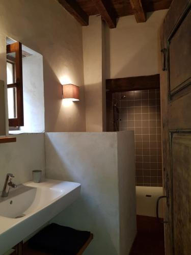une salle de bain avec un lavabo et une douche dans l'établissement Manoir au sein du village, à Saint-Haon-le-Châtel