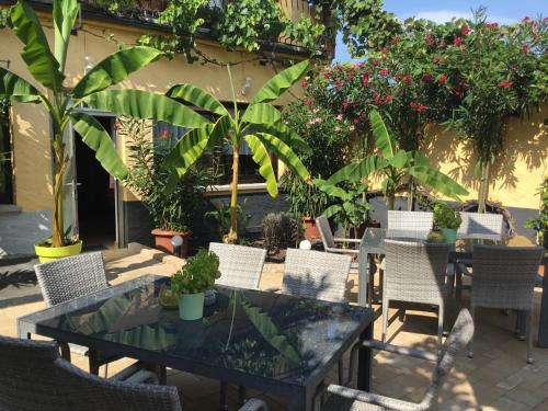 a patio with a table and chairs and plants at Bed and Breakfast - Rheingauer Hof in Oestrich-Winkel