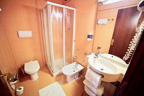 a bathroom with a toilet and a sink and a shower at Hotel Centrale in Mestre