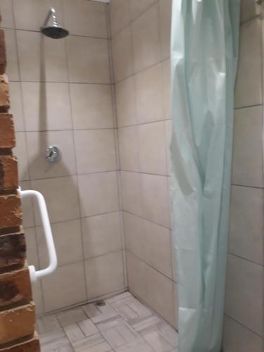 una doccia con porta in vetro in bagno di Meadows Guesthouse a Germiston