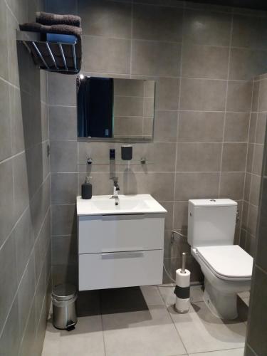 une salle de bain avec un lavabo blanc et des toilettes dans l'établissement Lorraine Badonviller, à Badonviller