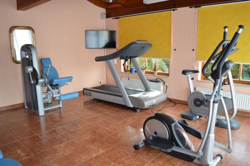 a gym with two exercise bikes and a treadmill at Vitalhotel Marienhof in Velden am Wörthersee