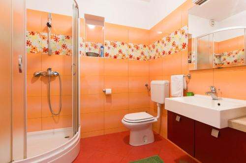 e bagno con doccia, servizi igienici e lavandino. di Apartment Gotier a Šodići