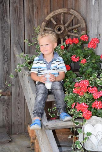a young boy sitting on a wooden bench next to flowers at Ferienwohnung Suntinger in Mörtschach