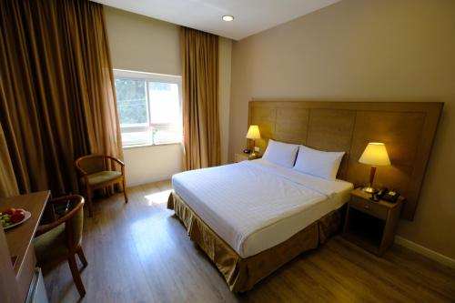 pokój hotelowy z łóżkiem i oknem w obiekcie Ritz Hotel w Jerozolimie