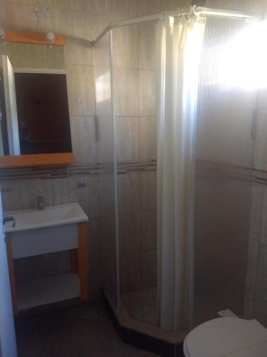 a bathroom with a shower and a toilet and a sink at Hotel Sahara in Villa Gesell