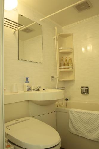 a bathroom with a toilet and a sink and a mirror at Hotel New Takada in Tokyo