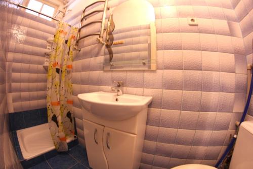 a bathroom with a sink and a toilet and a mirror at Большая Перспективная 46 in Kropyvnytskyi