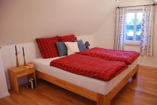 a bedroom with a bed with red pillows and a window at Ferienwohnung "Alte Fischerei" in Ketzin