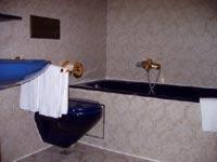 a bathroom with a blue toilet and a sink at Hotel Igel in Püchersreuth