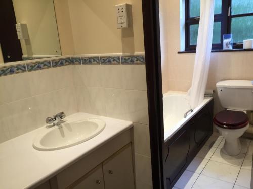 ein Bad mit einem Waschbecken, einem WC und einem Fenster in der Unterkunft The Abbey Hotel and conference centre in Minster