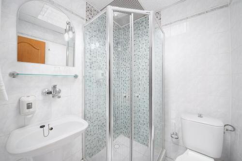 a bathroom with a shower and a toilet and a sink at Hotel Nikolas in Ostrava