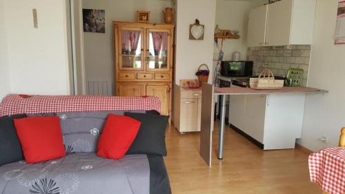 un salon avec un canapé et une cuisine dans l'établissement résidence vallée des lacs, à Le Tholy