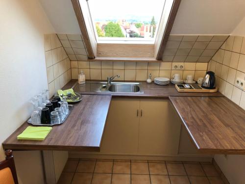 a small kitchen with a sink and a window at Hotel-Restaurant und Gästehaus Löwen in Süßen