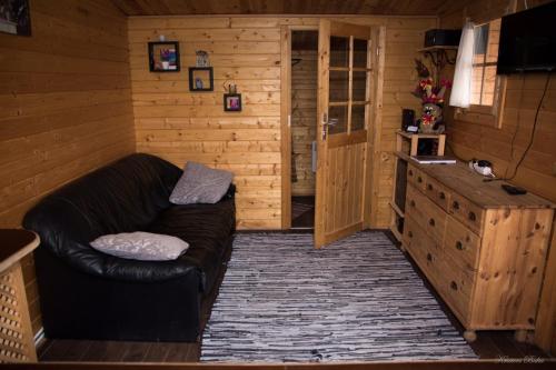 a living room with a leather couch in a room at Jaunbirzes in Vecsaule