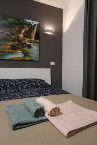 um quarto com uma cama com toalhas numa mesa em Aliska's home em Guidonia
