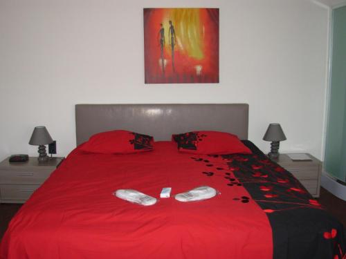 un dormitorio con una cama roja con zapatos. en B&B Appelkers II, en Kortessem