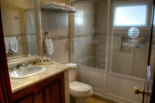 y baño con aseo, lavabo y ducha. en Hotel Argento, en Cuernavaca