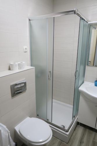 a bathroom with a shower with a toilet and a sink at Family Apartment in Baška