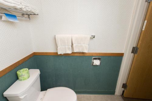a bathroom with a white toilet and towels at Commodores Inn in Stowe