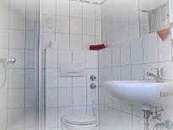 Hotel zur Eisenbahn في رودغاو: حمام أبيض مع حوض ومرحاض