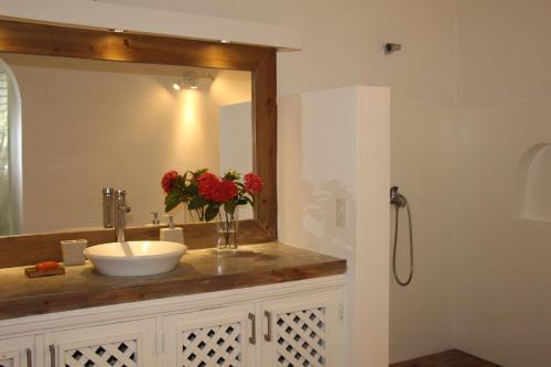 ein Bad mit einem Waschbecken und einem Spiegel in der Unterkunft Caribbean Beach Villa Playa Bonita Las Terrenas in Las Terrenas