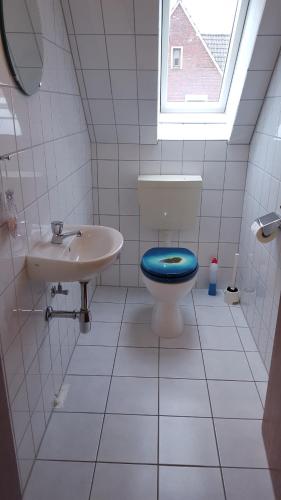 a bathroom with a blue toilet and a sink at Gemütliche Wohnung 4 mit Balkon zu Fuß zum Strand & Hafen Bensersiel in Bensersiel