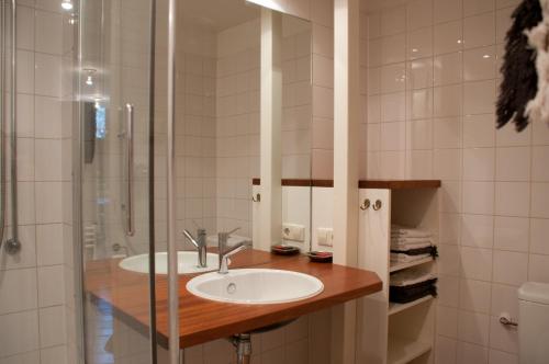 een badkamer met wastafel en douche bij Kalkmarkt Suites in Amsterdam