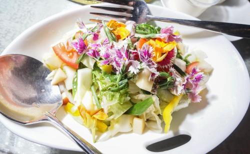 un'insalata su un piatto bianco con forchetta e coltello di Tai-Yi Red Maple Resort a Puli