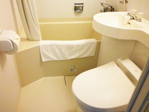 a small bathroom with a toilet and a sink at Hotel AreaOne Chitose in Chitose