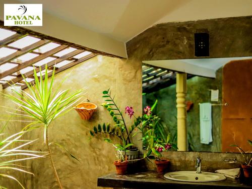a bathroom with a sink and a mirror and plants at Pavana Hotel in Negombo